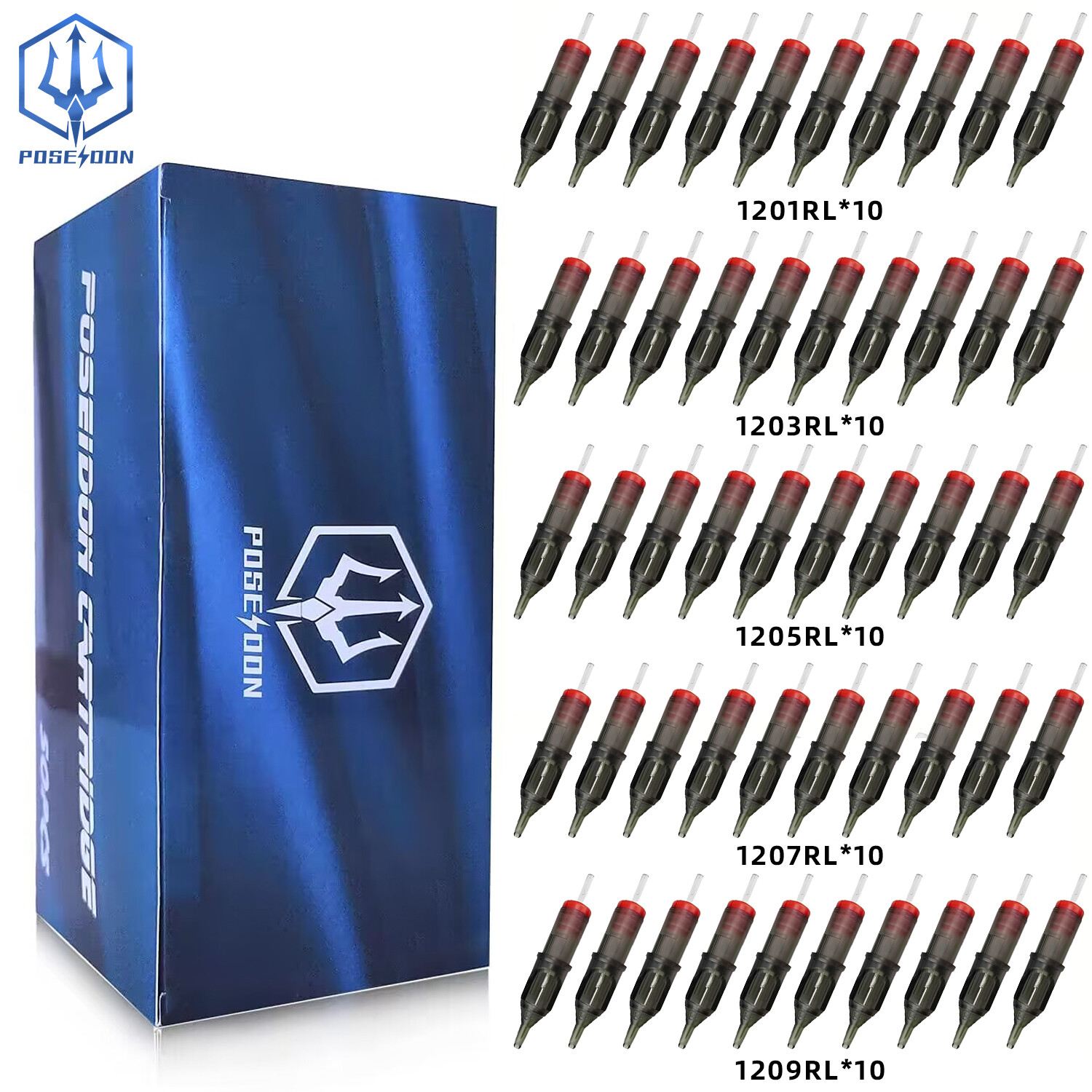 Poseidon hộp mực xăm kim 50 cái/hộp kim xăm RL Kích thước hỗn hợp phụ kiện xăm hình hộp mực xăm kim xăm hình xăm bị bảo vệ cung cấp cho hình xăm máy Máy xăm loại bút