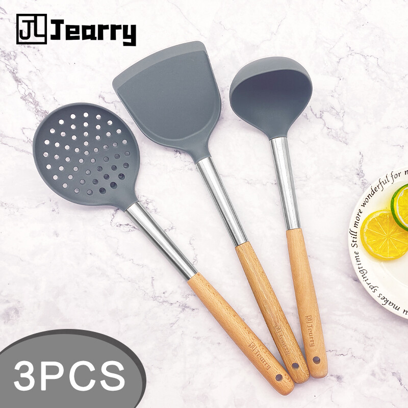 Gambar Jearry Stainless Steel Sicilone Cookware 3 pcs Set  Wooden Handle Heat Resistant Food Grade Kitchenware