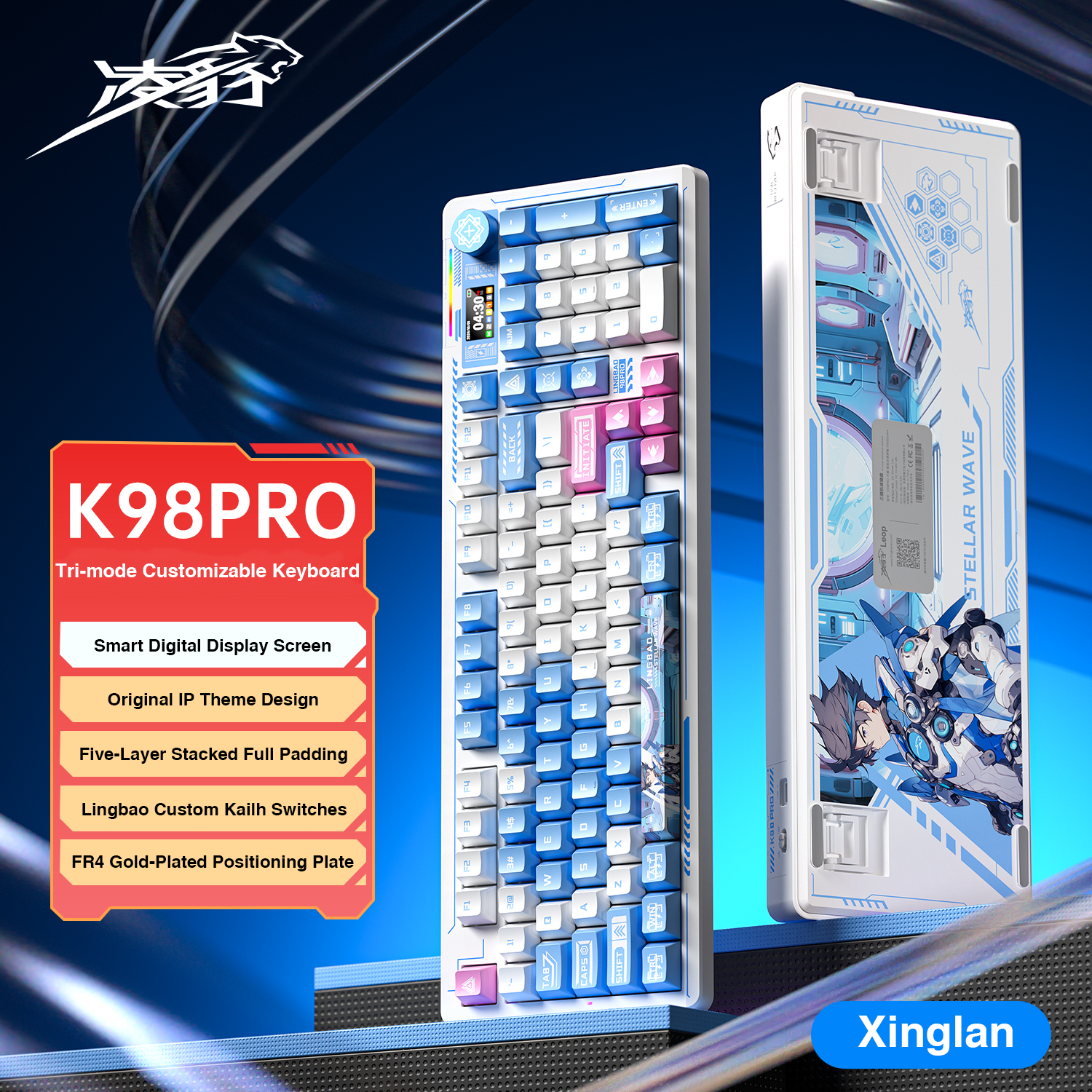 Lingbao K98 K98Pro Tùy Chỉnh Bên Khắc chơi game cơ học Bàn phím Bluetooth + 2.4G Không Dây + Type-C Có Dây 3-Chế Độ Kết Nối