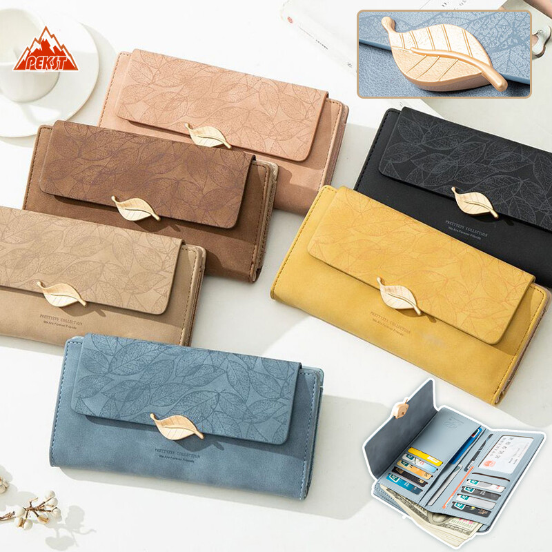 Pretty khá thanh lịch hoa văn hình lá pu cho nữ ví da dài dung tích lớn khóa kéo mờ lá vàng khóa xắc nữ ví đựng thẻ