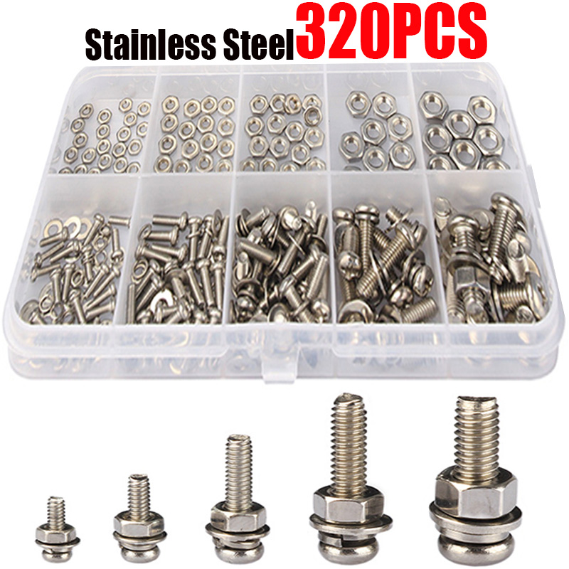 320pcs thép không gỉ ss304 ốc vít một đầu vít đai ốc bu lông bộ dụng cụ phân loại đai ốc và bu lông loại mét m2 m2 m2, 5 m3 m4 m5