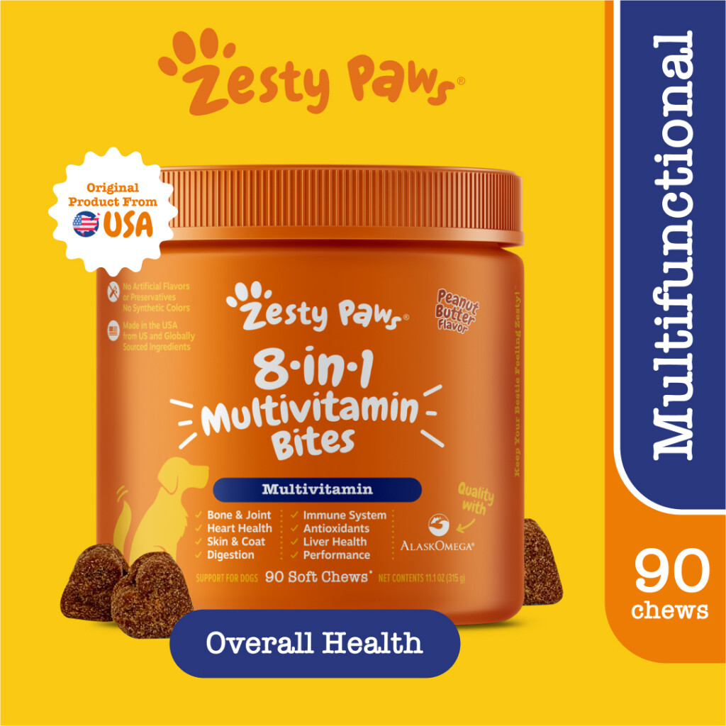 Zesty Paws 8-in-1 Multifunctional Bites for Dogs Overall Support ขนมสารพัดประโยชน์สำหรับสุนัข [รสเนยถั่ว] (แบบนุ่ม 90 เม็ด) (หมดอายุ:07 2025) [ส่งเสริมการทำงานของสะโพกและข้อต่อ ดูสุขภาพหัวใจ,สุขภาพผิวหนัง,การทำงานของลำไส้ ,ระบบภูมิคุ้มกัน] ราคา 1,350 บาท*ส่งฟรี
