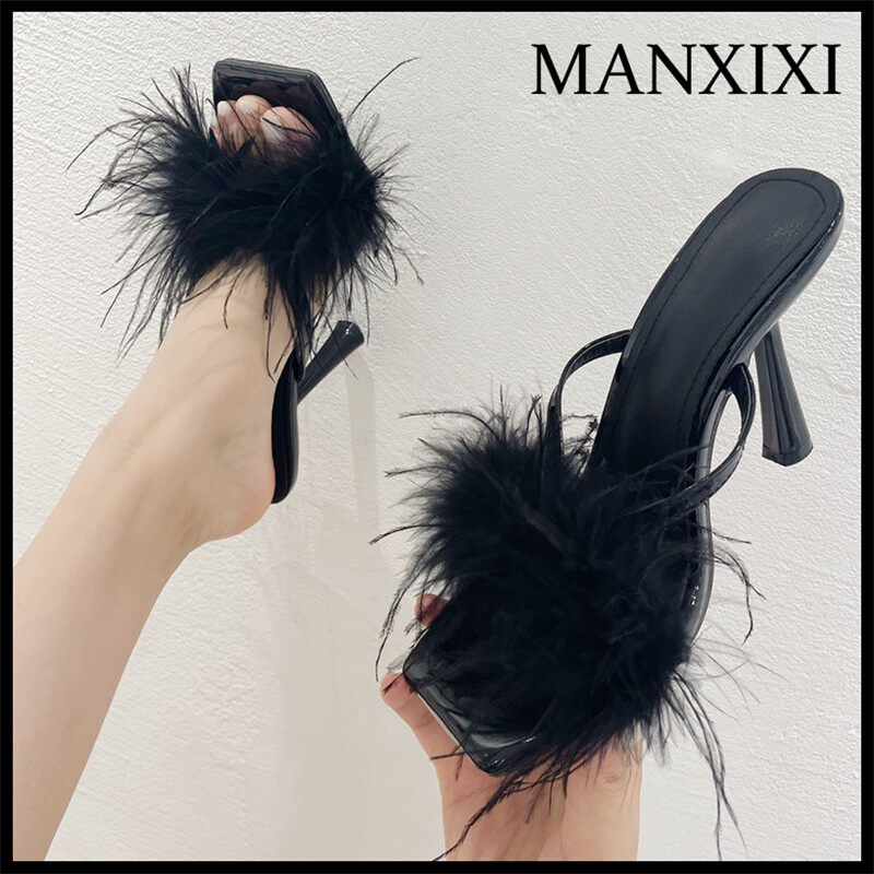 MANXIXI Thời Trang Phụ Nữ Cao Gót 3.93 Inches Đẹp Đầy Màu Sắc Lông Dép (Kích Thước 35-41)