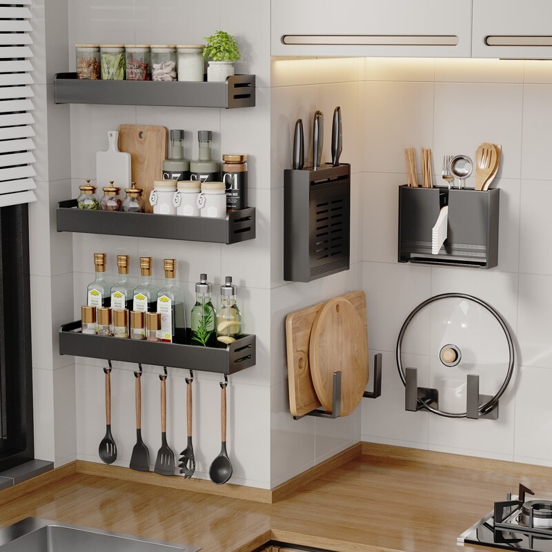 Gambar Kitchen shelf from punching wall mounted home seasoning supplies of multi function receive aircraft head hanging
