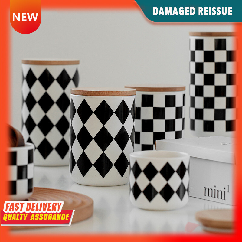 Gambar Nordic Geometry Series Sealed Jar with Lid Ceramic Storage Jar Storage Box Coffee Flower Tea Candy Jar Ornament