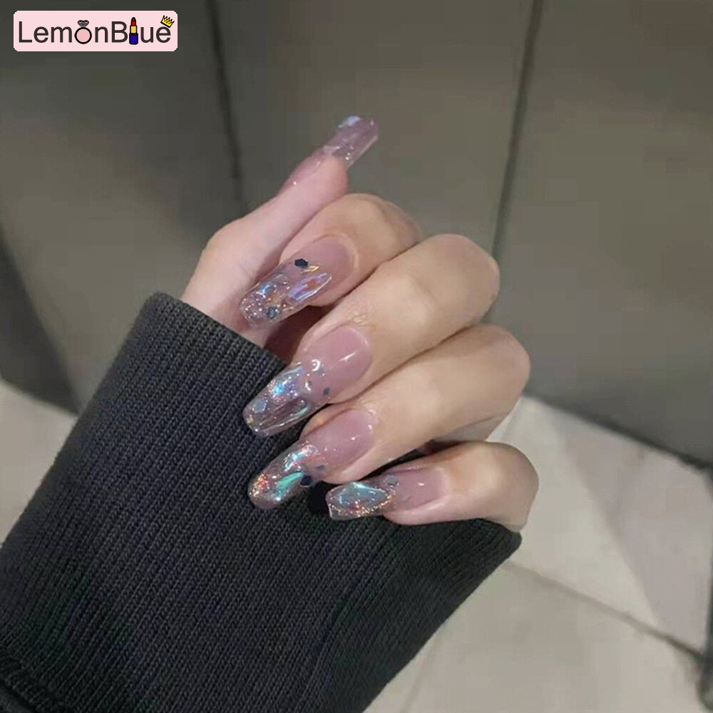 Gambar LemonBlue 24PCS Purple Fake Nail Sweet Style Long Paragraph Manicure Save Time False Nail Press on Nails Full Coverage Nails Removable with Jelly Gel Glue Finished Nail Piece