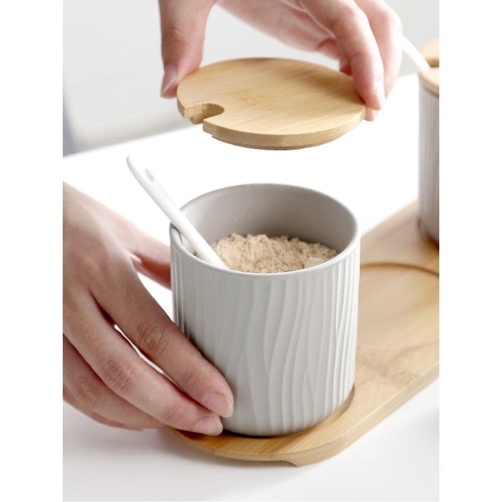 Gambar Ceramic seasoning box Nordic household seasoning jar salt sugar monosodium glutamate jar kitchen supplies combination set seasoning jar