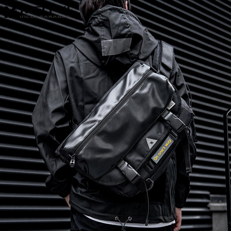 MOYYI Korea Latest Stylish Men Motorcycle Cross Body Laptop Bag Aesthetic Trend Large Male Waterproof Close Fitting Cycling Shoulder Bag Personalized Functional Nylon leather Teenagers Street Messenger Bags for Man Women