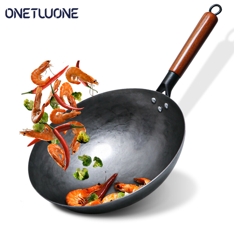 Onetwone chảo sắt thủ công chảo xào 30cm/32cm/34cm có tay cầm bằng gỗ nồi nấu ga chảo rán nhà hàng