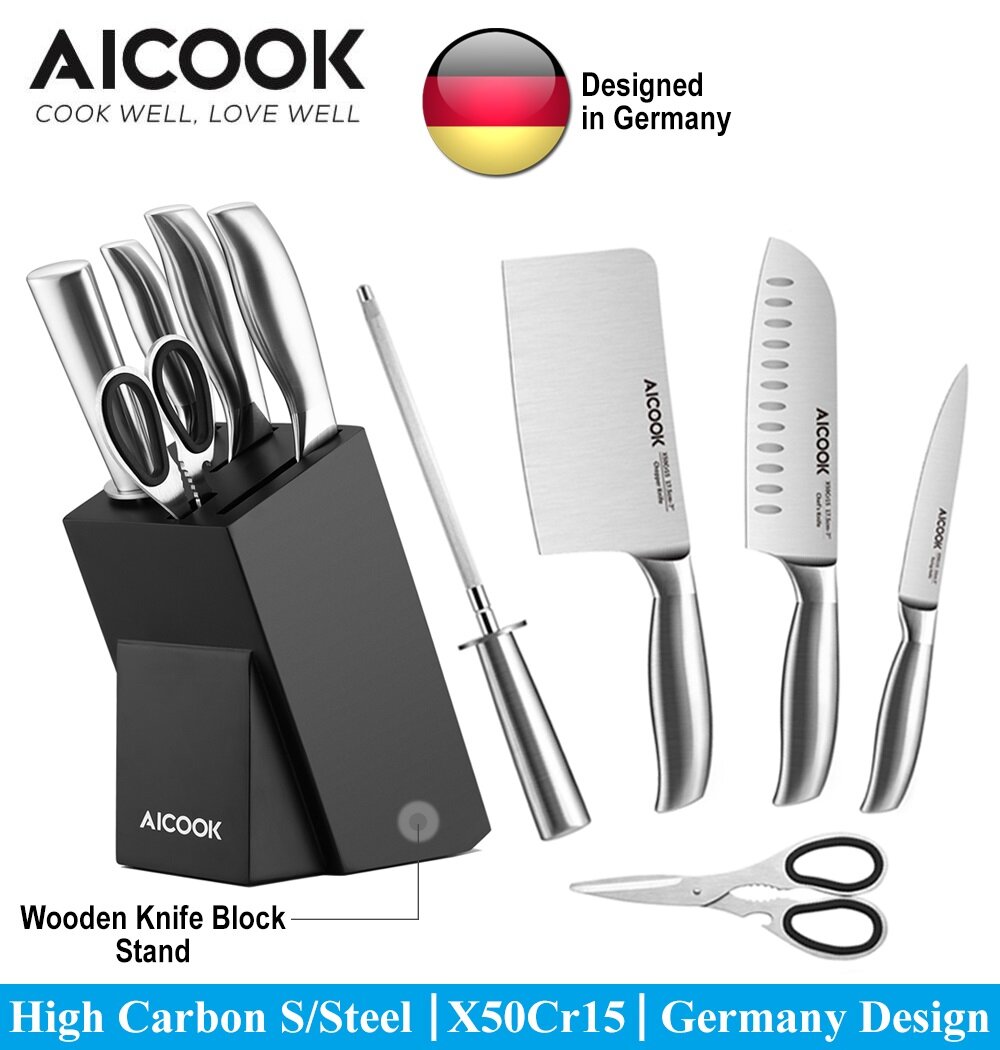 Gambar ??AICOOK KFH001 German High Carbon Stainless Steel X50Cr15 Premium 6in1 Kitchen Knife Set Knives Chopper Knife Meat Cleaver Japan Santoku Knife Multi Functional Chef Knife Paring Knife Knife Sharpener Shear Scissors with Wooden Knife Block St