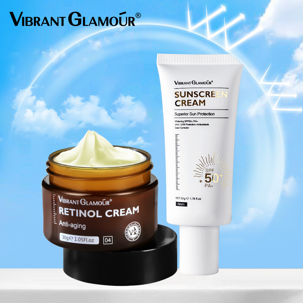 Gambar VIBRANT GLAMOUR Retinol Cream + Whitening Sunscreen Face Anti aging Remove Wrinkles UV Protection UV Resistant Reduce Texture Remove Dark Spots Even Skin Tone Moisturizing 2 piece set