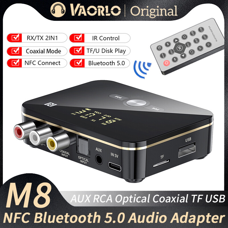 Vaorlo m8 nfc bluetooth 5.0 máy thu phát 3.5mm rca đồng trục quang tf/u đĩa chơi/điều khiển ir màn hình led aux stereo độ trễ thấp bộ chuyển đổi âm thanh không dây cho tv/pc/bộ phụ kiện xe ô tô/loa gia dụng/máy chiếu/khuếch đại