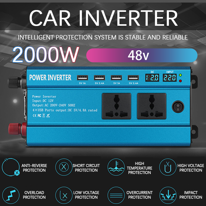 Biến tần cho xe sửa đổi biến tần sóng sin 2000W DC 48V để AC 220 vinverter Bộ chuyển đổi máy biến áp 4 Đèn LED USB hiển thị thời gian kép ổ cắm biến tần