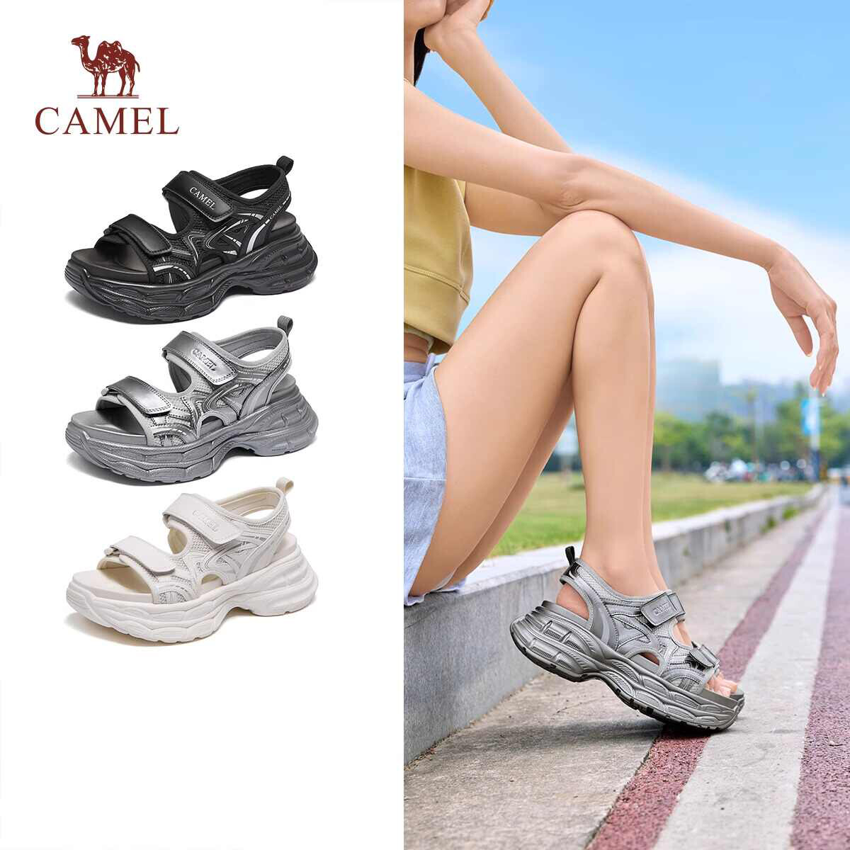 Cameljeans Women's Shoes Summer New Thick-soled Heightened Beach Sandals ราคา 1,975 บาท*ส่งฟรี