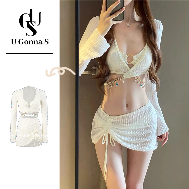 Bộ đồ bơi hai mảnh trang phục đi biển Áo Tắm Phụ Nữ Sexy nâng Đệm 4 Mảnh 2024 phong cách mới Với Bìa Up V Cổ Tay áo dài eo cao Dễ Thương Thời Trang Căng Ra