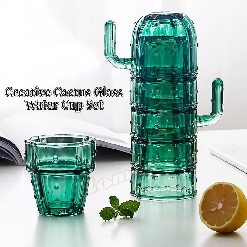 Gambar New Mugs Glass Cups Emerald Green Cactus Water Cup Set Glass Cup, Hot and Cold, Stackable Design, Cute Shape, Home Decoration, Easy To Store?4 pcs set