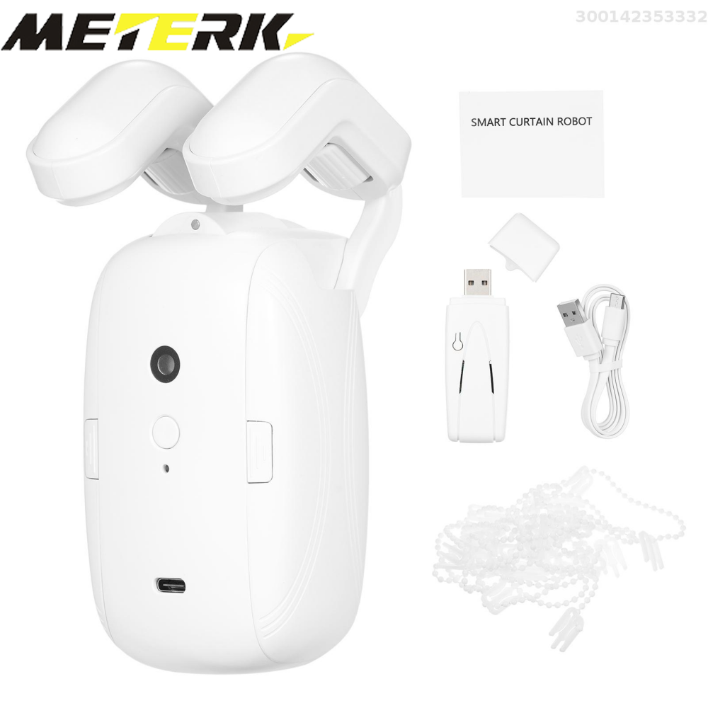 Meterk Intelligent Curtain Motor Electric Curtain Robot Automatic Opener No Wiring Support APP Remote Control Timer Setup Temperature & Light Sensing Compatible with Alexa Home for Curtain Rod