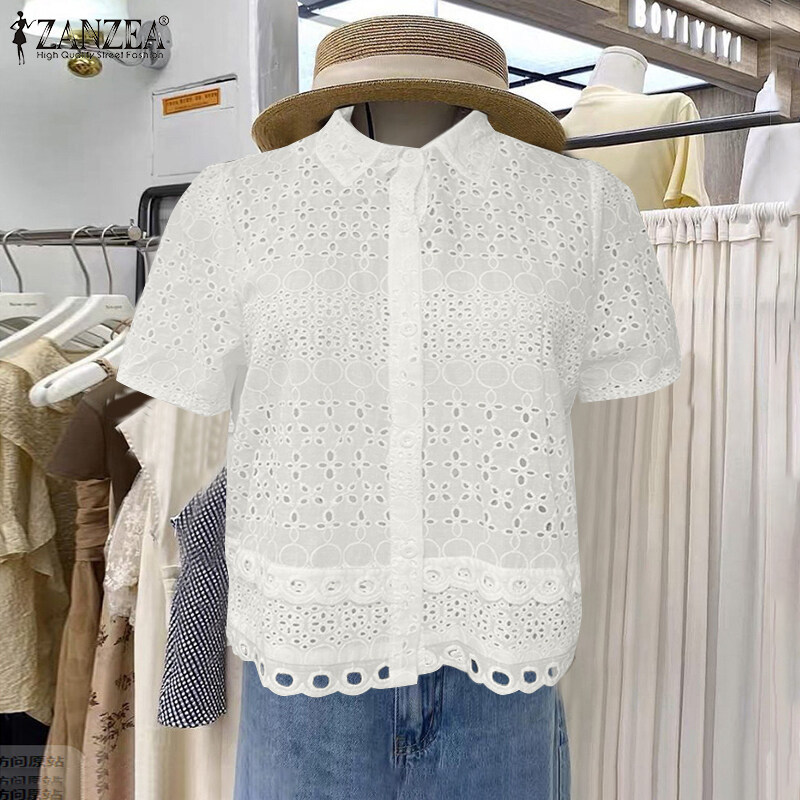 【Pre-Sale】ZANZEA Womens Vintage Lapel Hollow Lace Shirts Holiday Casual Short Sleeve Button Up Blouse #241127 ราคา 351 บาท*ส่งฟรี