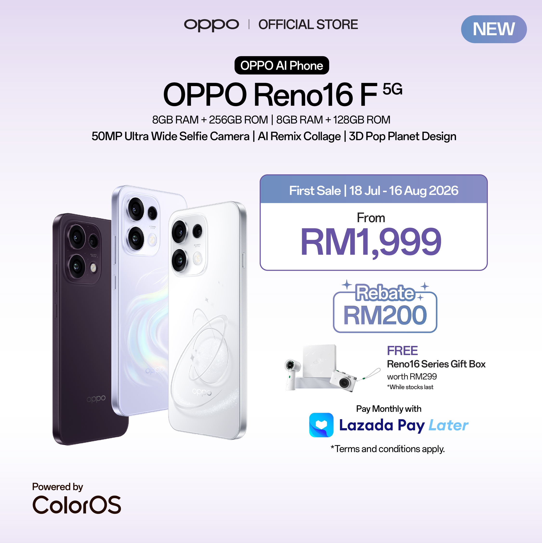 [New] OPPO Reno16 F 5G Smartphone | 8GB +128GB/256GB | 50MP Ultra Wide Selfie Camera | 4K Auto Straighten Video