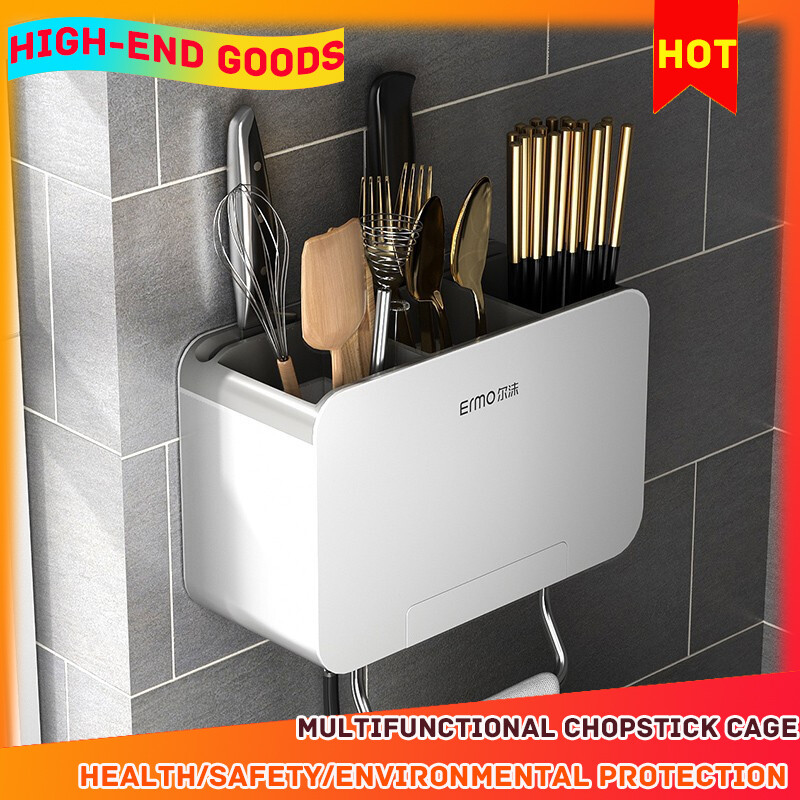 Gambar Chopsticks Tube Wall mounted Household Creative Draining Chopsticks Basket Wall mounted Kitchen Spoon Knife Holder Chopsticks Cage Integrated Storage Box
