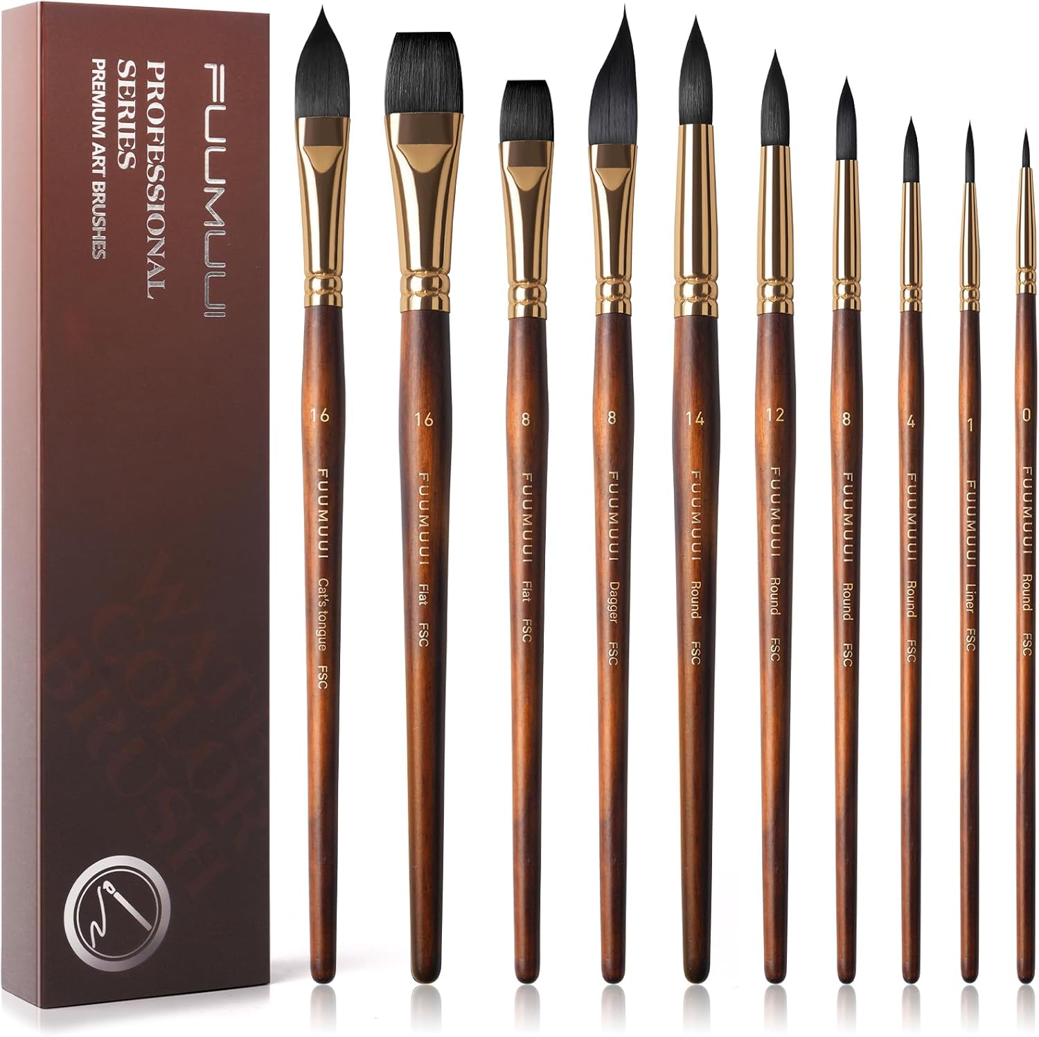10Pcs Fuumuui Professional Watercolor Brushes Synthetic Squirrel Hair Brush Set Variety Shapes with Round Pointed Flat Cats Tongue Dagger for Watercolor Acrylic Gouache Inks Painting