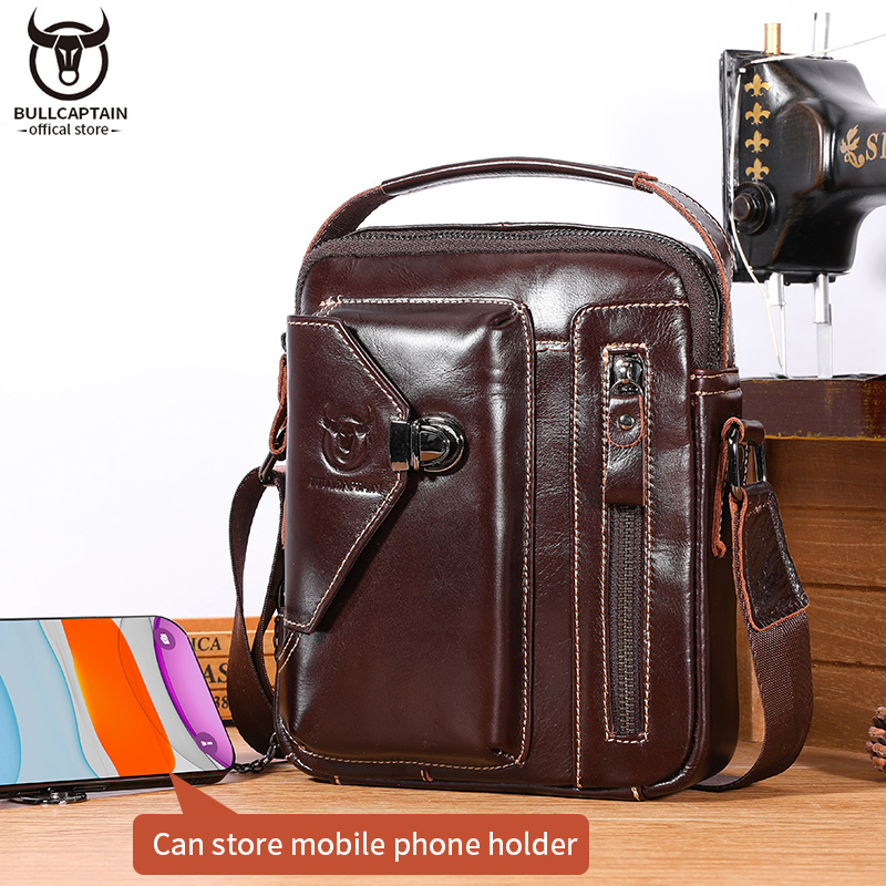 BULLCAPTAIN Men's Messenger Leather Bag Casual Business Messenger Bag Multifunctional 6.7-inch Mobile Phone Anti-theft Portable Shoulder Bag