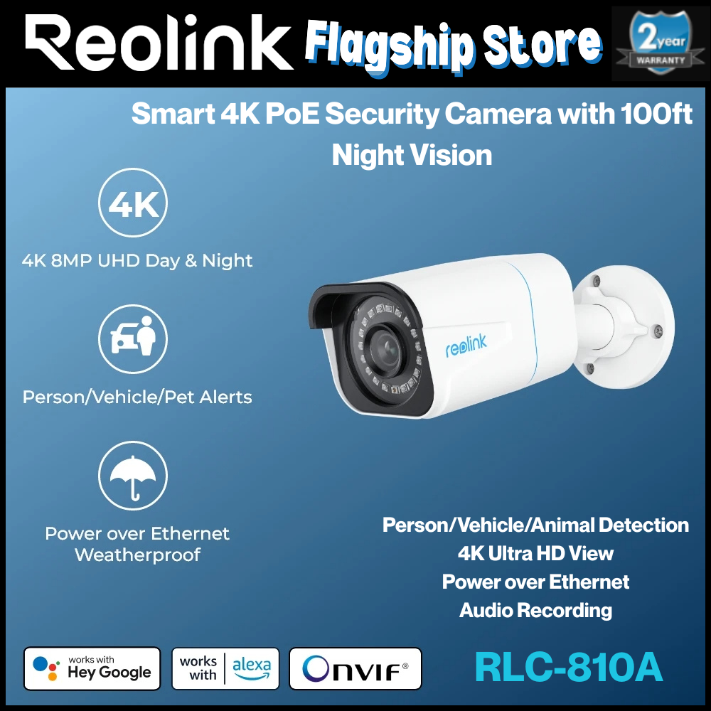 Reolink P330 RLC-810A 4K 8MP Ultra HD PoE IP Camera | Smart AI Person Vehicle Detection | Wired Power Over Ethernet Bullet CCTV | 24/7 Continuous Recording Outdoor Cam Official Malaysia Harga  256 Ringgit*Penghantaran Percuma