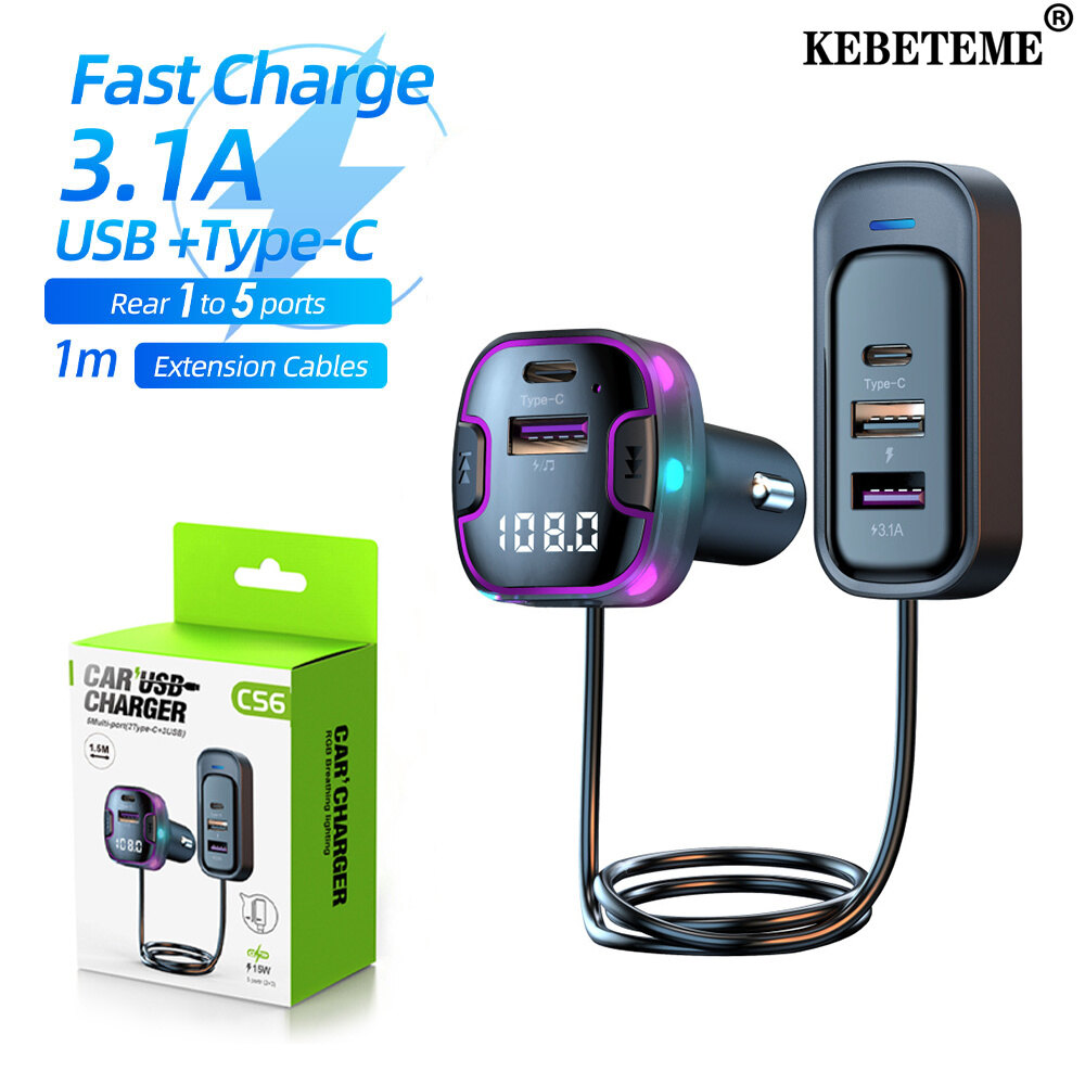 KEBETEME 3.1A USB Type-C Car Charger 15W Multi-Port Fast Charge FM Transmitter Handsfree Bluetooth Car Kit ราคา 160 บาท*ส่งฟรี