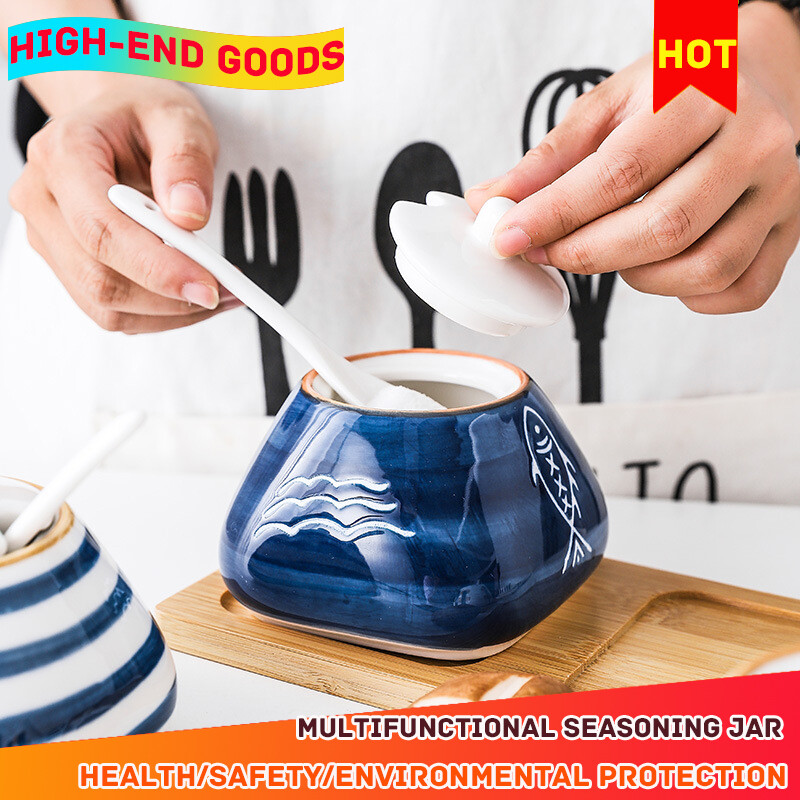 Gambar Hand painted Underglaze Japanese style Ceramic Seasoning Jar Set Kitchen Seasoning Jar Salt Shaker Restaurant Household Seasoning Box