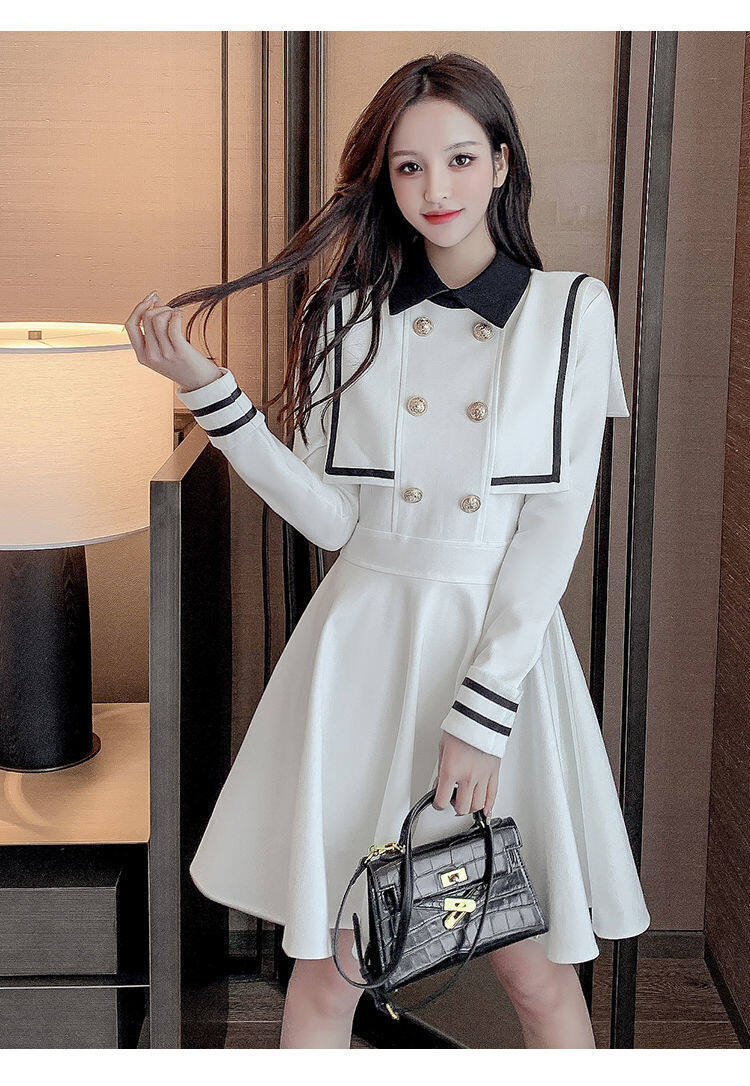 Navy style dress for women 2021 Spring and Autumn new small waist-tight temperament contrast color college style long sleeve A- line dress