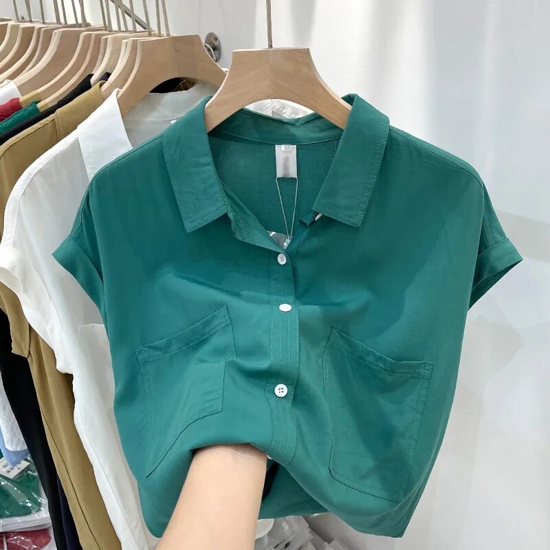 LAREINE Áo sơ mi Áo cánh nữ vải cotton thời trang áo sơ mi ngắn tay Hàn Quốc phong cách giản dị áo ngoại cỡ vừa rộng