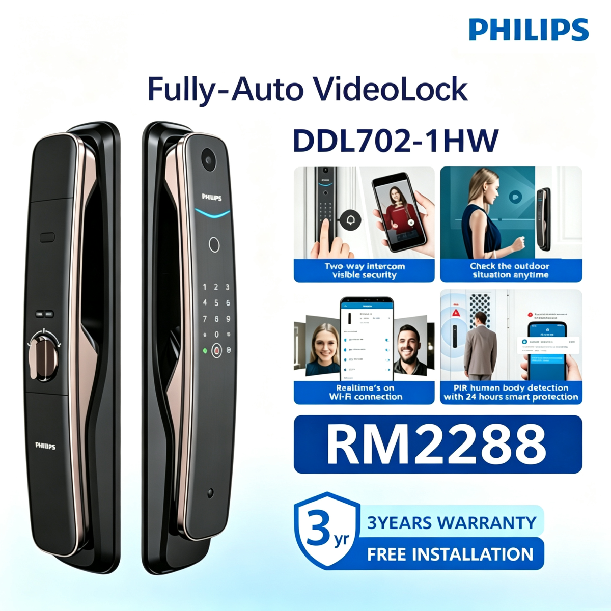 DDL702-1HW PHILIPS Push Pull Smart Video Lock Wooden Door WiFi Remote Video Intercom Auto Lock Free Installation & 3Y Official Warranty