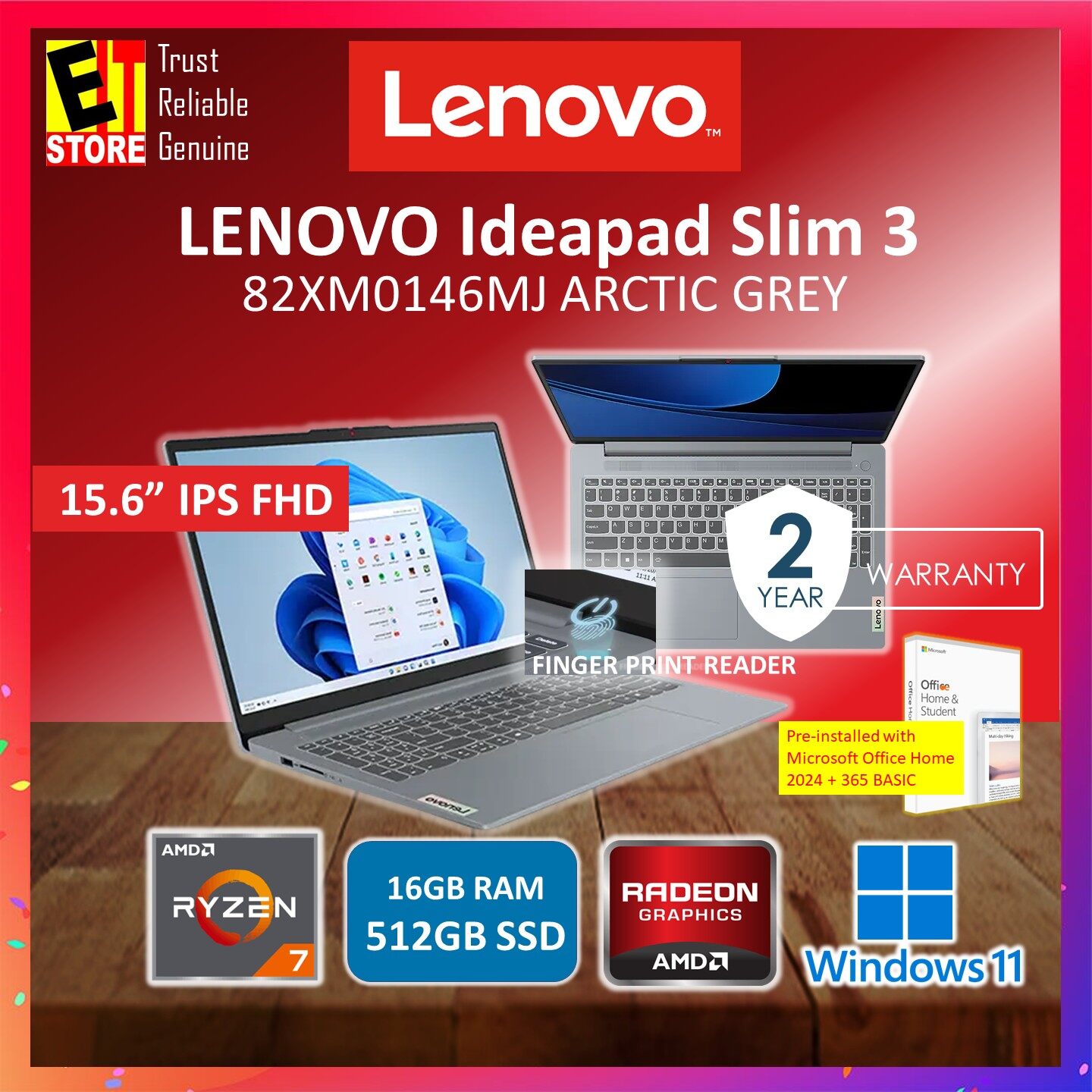 Lenovo Laptop IdeaPad Slim 3 ips3 (RYZEN 7 5825U/ 16GB/512GB SSD/15.6 IPS FHD/RADEON GRAPHICS/OFF HOME 2024 +BASIC 365/FINGER PRINT READER/W11/BACKPACK/2Y) 82XM0145MJ/ 82XM0146MJ