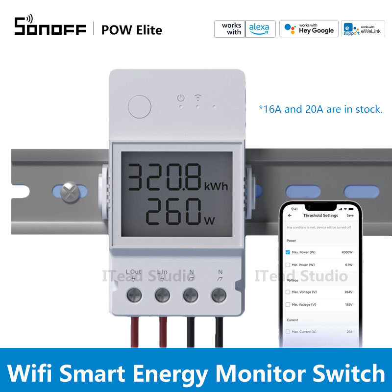 ITEAD SONOFF POW Elite Công tắc thông minh Công tắc giám sát năng lượng WiFi Công tắc đèn không dây Bảo vệ quá tải Điều khiển ứng dụng eWeLink Mô-đun bật/tắt hẹn giờ thông minh, Hỗ trợ G**gle Home Amazon Alexa Điều khiển bằng giọng nói