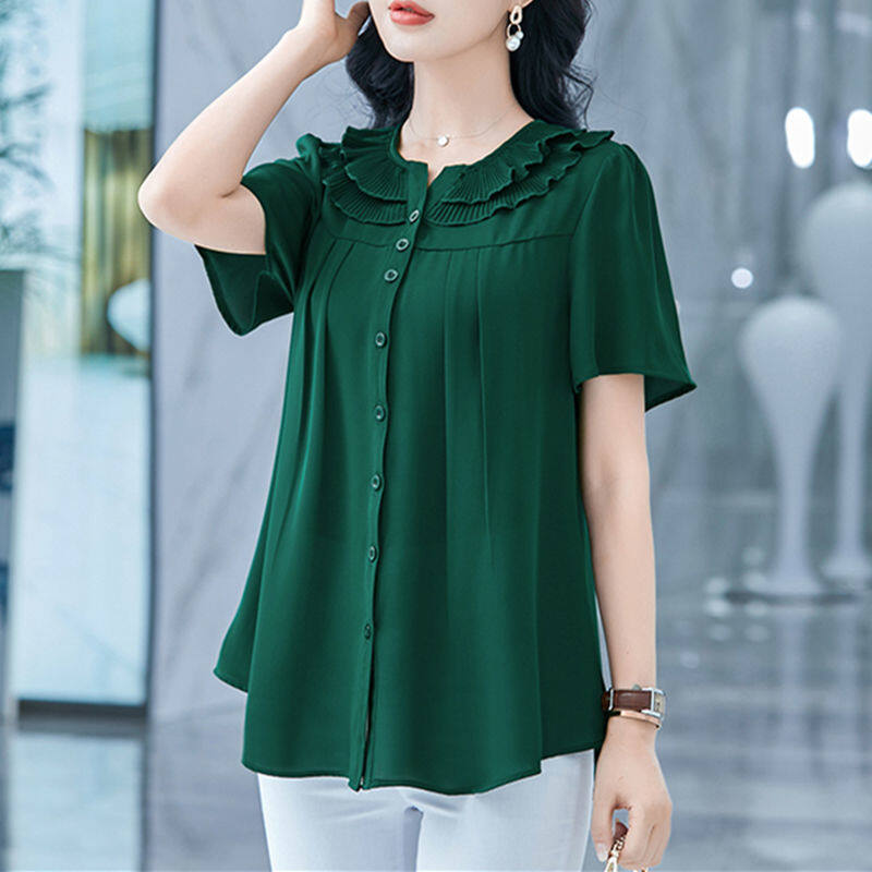 Áo sơ mi voan mới đầm nữ lớn xia pangmei jiafei áo sơ mi dáng rộng áo cardigan áo sơ mi tay ngắn che bụng dáng rộng