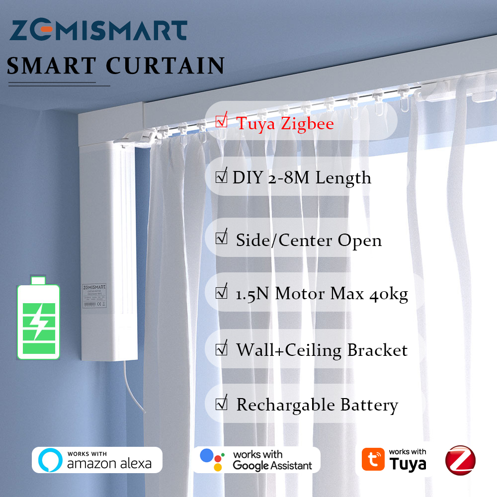 Zemismart Zigbee Electric Sliding Curtain,Smart Rechargeble ZM87E-ZP Motor,2-8M Customized Track Work with Tuya APP Timer,Alexa/Google Home Voice,Side/Center Open,wall/Celling install ราคา 4,900 บาท*ส่งฟรี