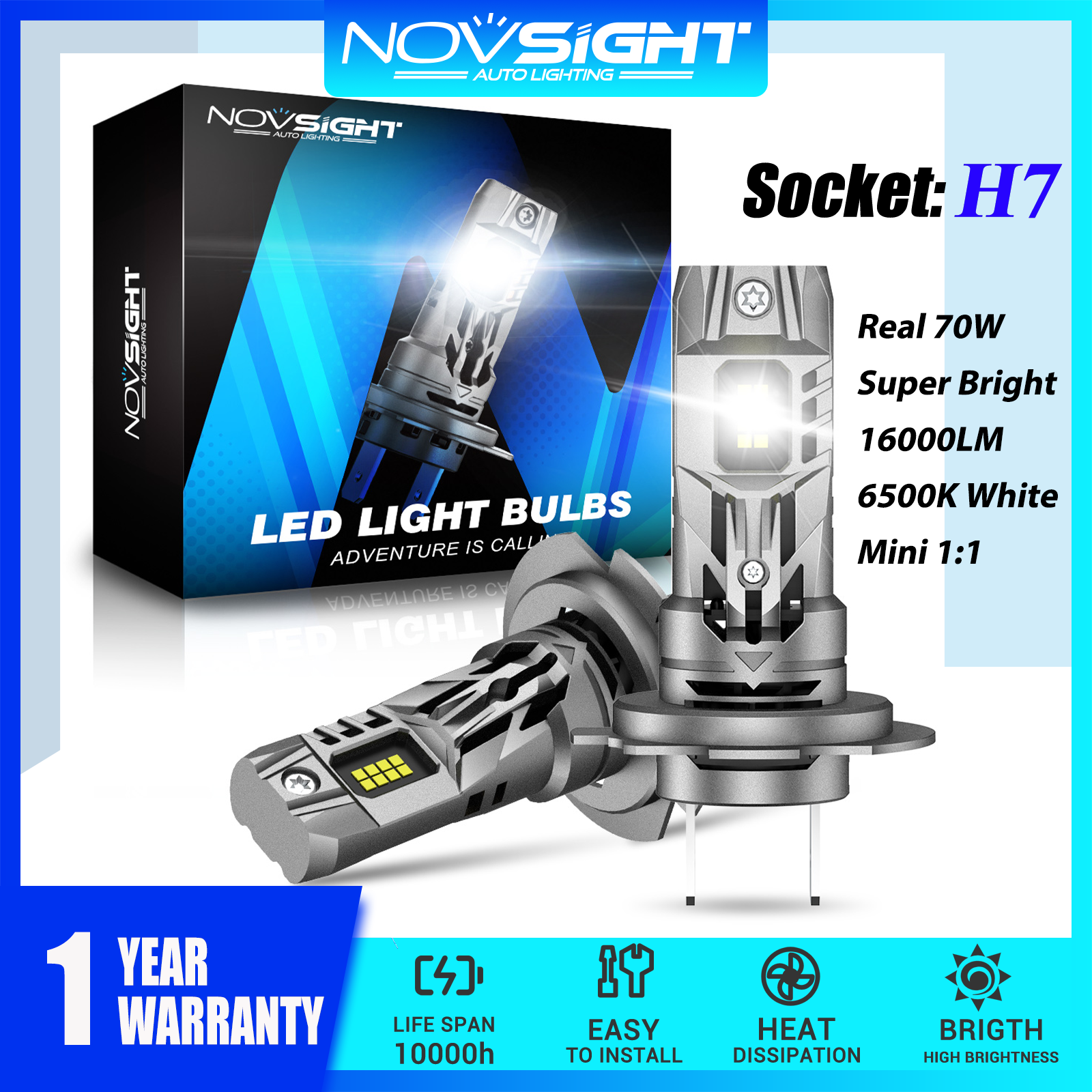 Novsight N63 LED Lights for Car H7 LED Headlight Bulb High/Low Beam Fog Light 70W 16000LM 6500K Super Bright Mini 1:1 Design Plug&Play 2Pcs 1 Year Warranty Free Shipping Giá 618,576 Đồng*Miễn phí vận chuyển