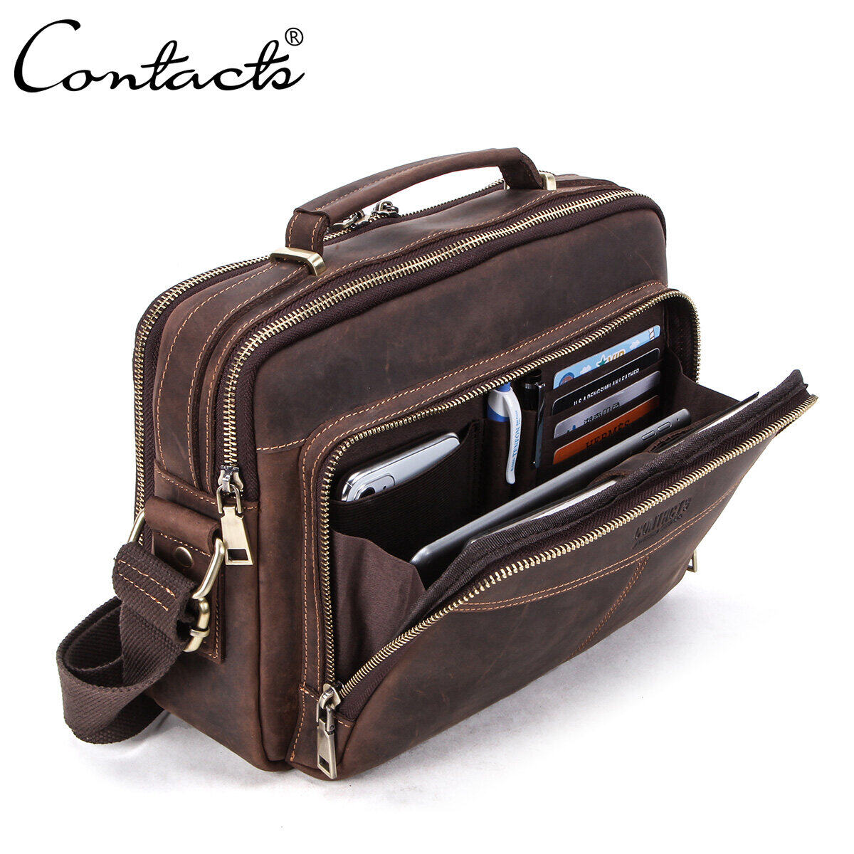 CONTACT'S Men Messenger Bag Genuine Leather Vintage Man Crossbody Bag Handbags Large Capacity Male Shoulder Bags Tote Bags ราคา 1,384 บาท*ส่งฟรี
