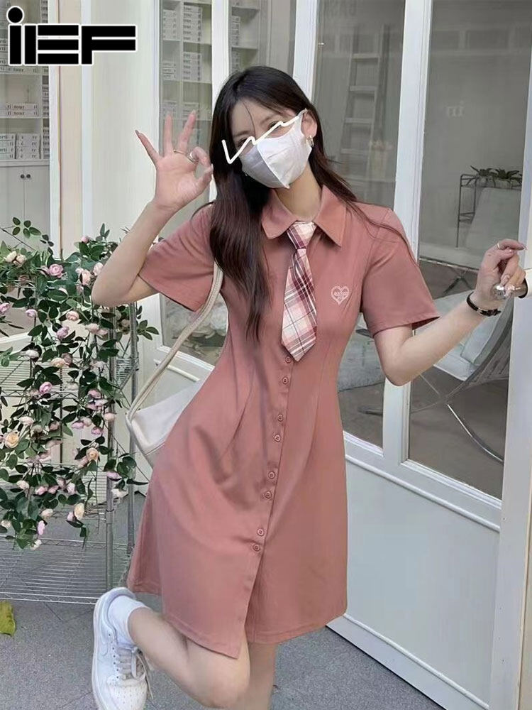 Đầm tay ngắn cổ áo búp bê ief cho đầm dài phong cách nữ học sinh tư thục