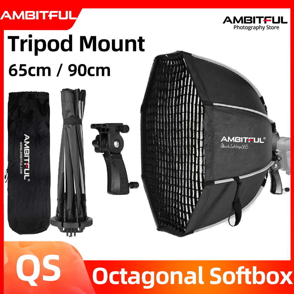 Ambitful hộp mềm nhanh qs65 65cm 25.6 inch/qs90 90cm 35.4 inch cho giá đỡ ba chân nhiếp ảnh gắn softbox bát giác cho đèn flash với lưới tổ ong cho đèn speedlite