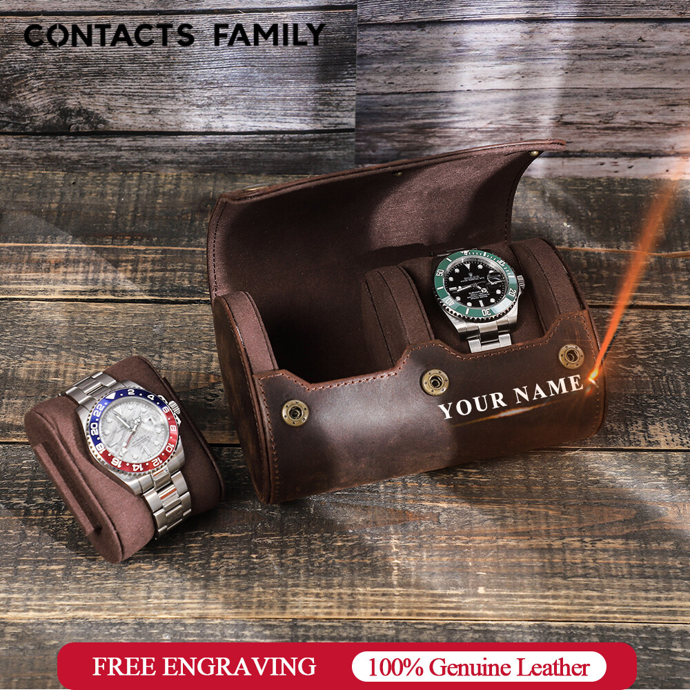 CONTACTS FAMILY Genuine Leather 2 Slot Watch Roll Case Portable Travel
