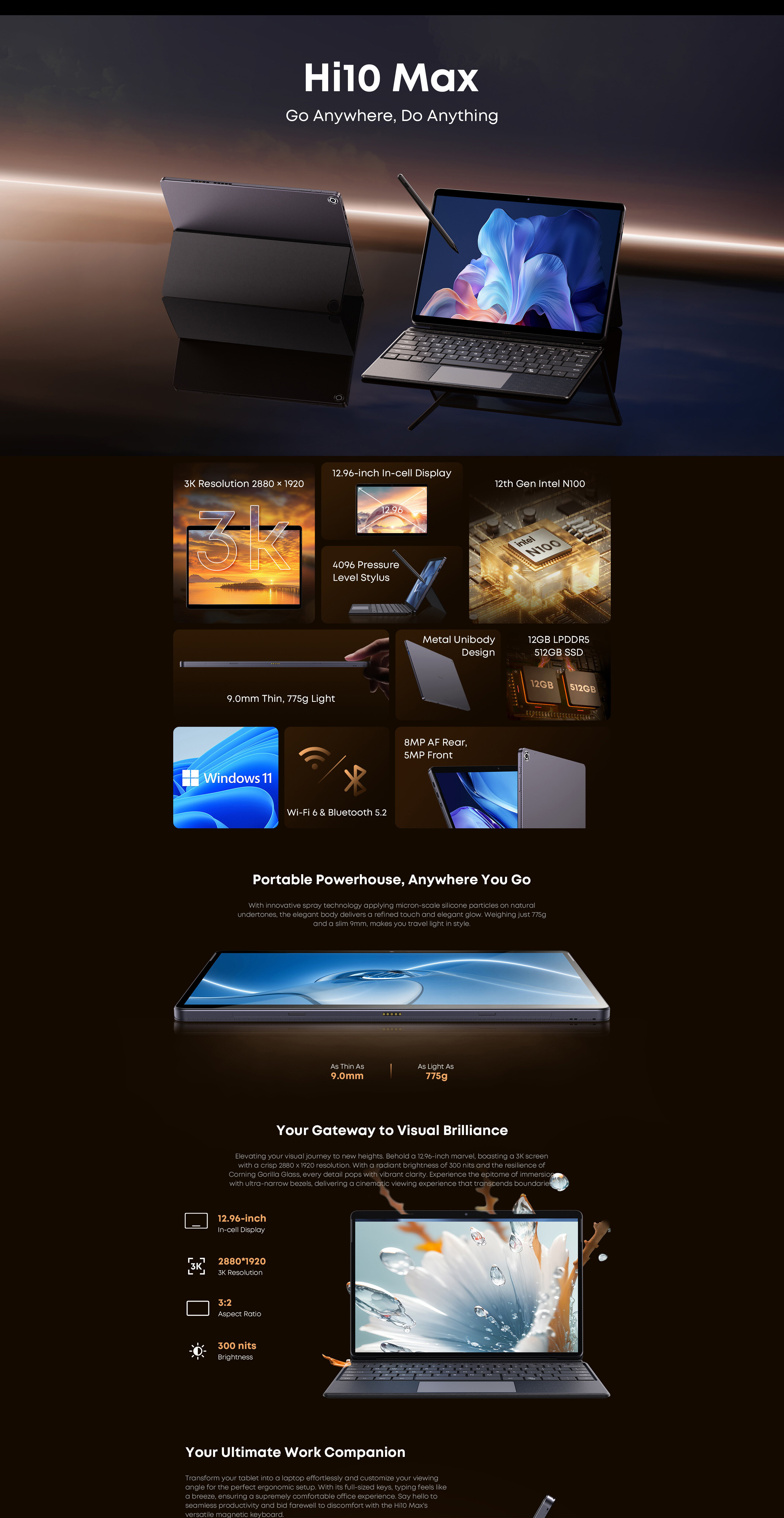 CHUWI 2024 Hi10 Max 2 IN 1 Tablet Laptop Intel Core N100 12.96" 3K IPS Screen 12GB RAM 512GB SSD Tablets Windows 11 2.4G/5G Wifi ราคา 11,699 บาท*ส่งฟรี