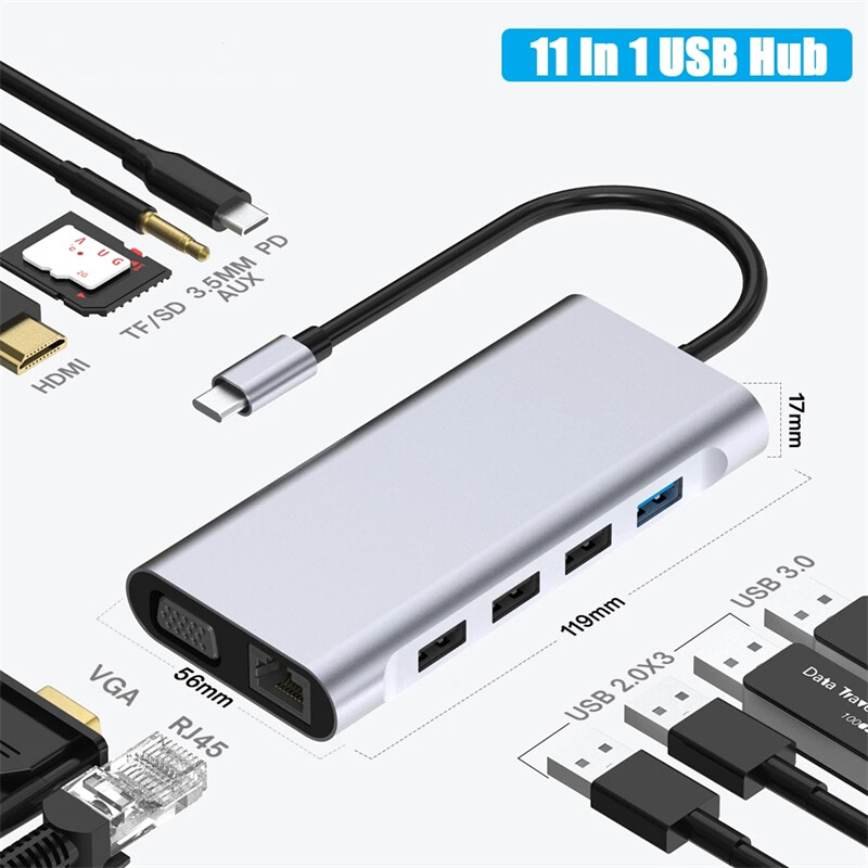 Usb c hub 11 in 1 type c hub with rj45 ethernet usb c to hdmi vga pd 87w power delivery usb 3.0 ports converter usb c to tf micro sd cards reader 3.5mm audio aux full function docking station