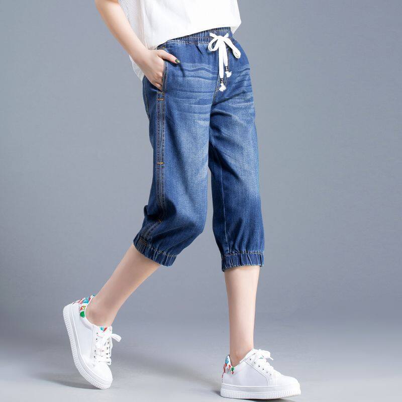 Quần Jean Quần Ống Lửng nữ mỏng mùa hè Thắt lưng co giãn chất liệu denim