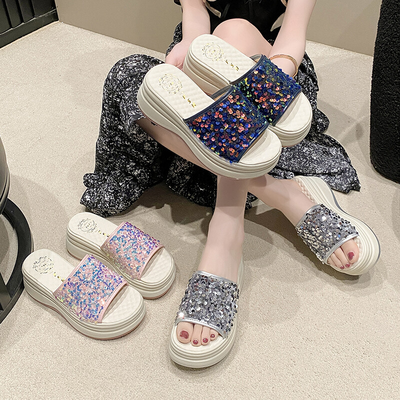 MANXIXI Fashion Women Wedge Heels 7 cm Beautiful Shining Sandals (Size 35-40) ราคา 588 บาท*ส่งฟรี