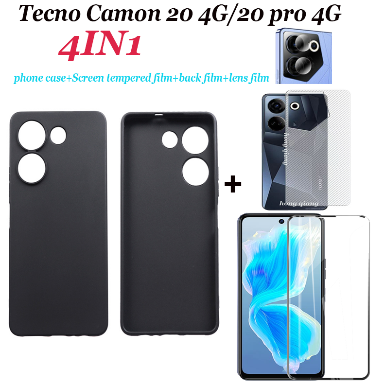 4 trong 1 cho Tecno Camon 20 Pro Đen mờ vỏ điện thoại + toàn màn hình kính cường lực + Tấm dán bảo vệ ống kính + miếng phim dán sau Tecno Camon 20 Camon 19 18 18P