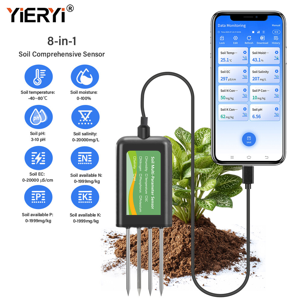 Yieryi Smart 8 in 1 Soil Tester,Salinity Meter/pH/Moisture/EC/Temperature/NPK Meter Nitrogen/Phosphorus/Potassium Tester Nutrient Meter for Garden,Farm,Greenhouse ราคา 2,106 บาท*ส่งฟรี