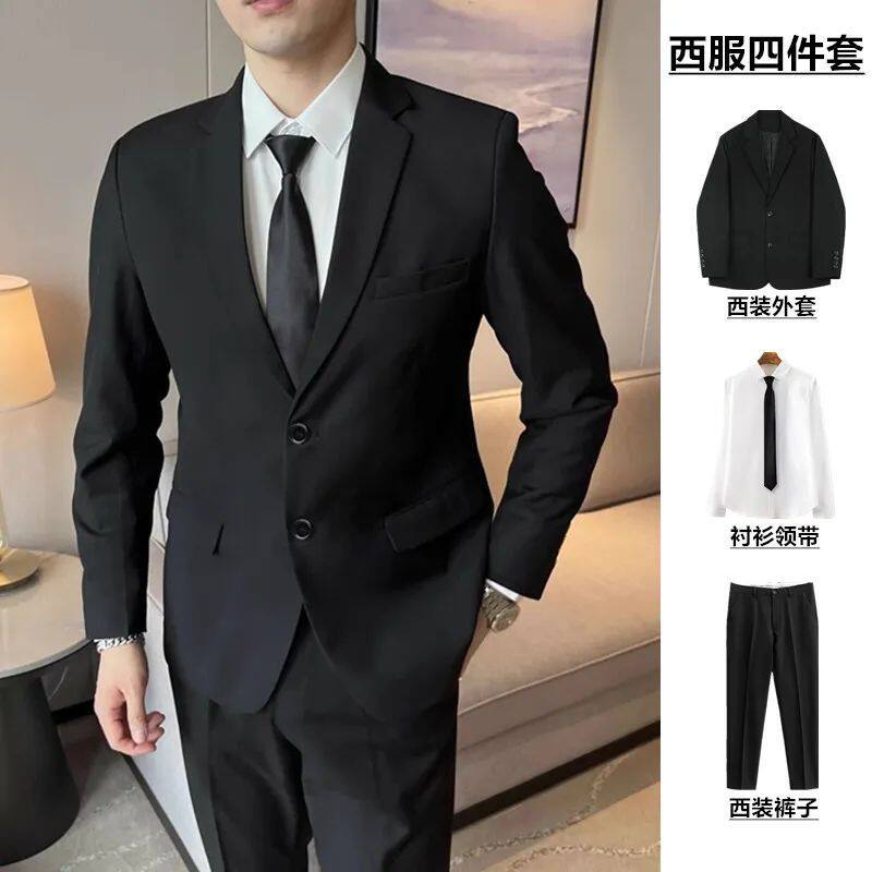 4pcs Blazer+Shirt+Pants+Tie Plus Size Men Fashion Blazer Two Buttons Business Suit Set Slim Casual Formal Suits Blazer Coat and Pants Wedding Suit Sets Black