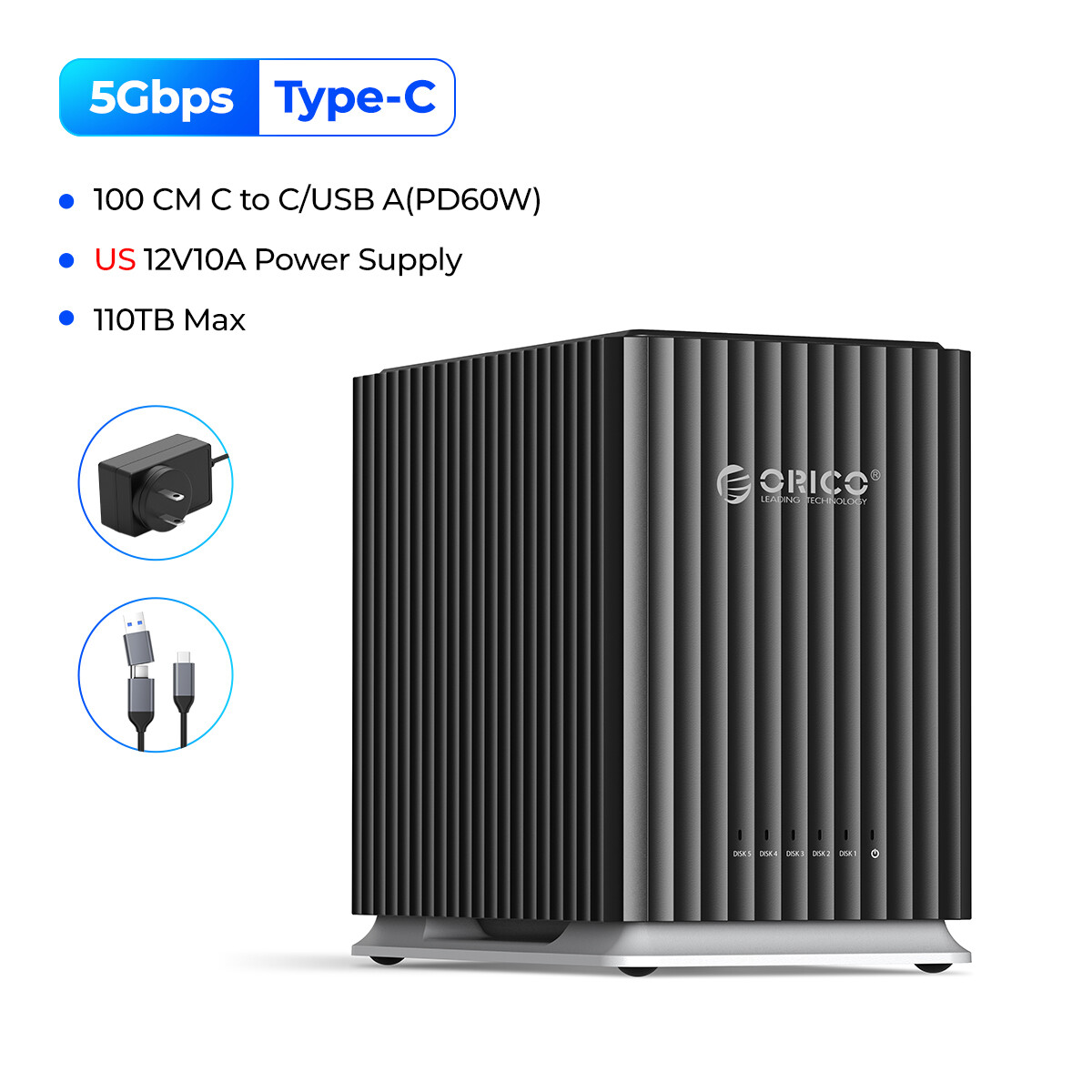 ORICO Ổ đĩa cứng gắn ngoài DAS 110TB Type-C Vỏ ổ HDD 5gbps 2 BAY 5 dung tích lớn bay cho ổ cứng 3.5 