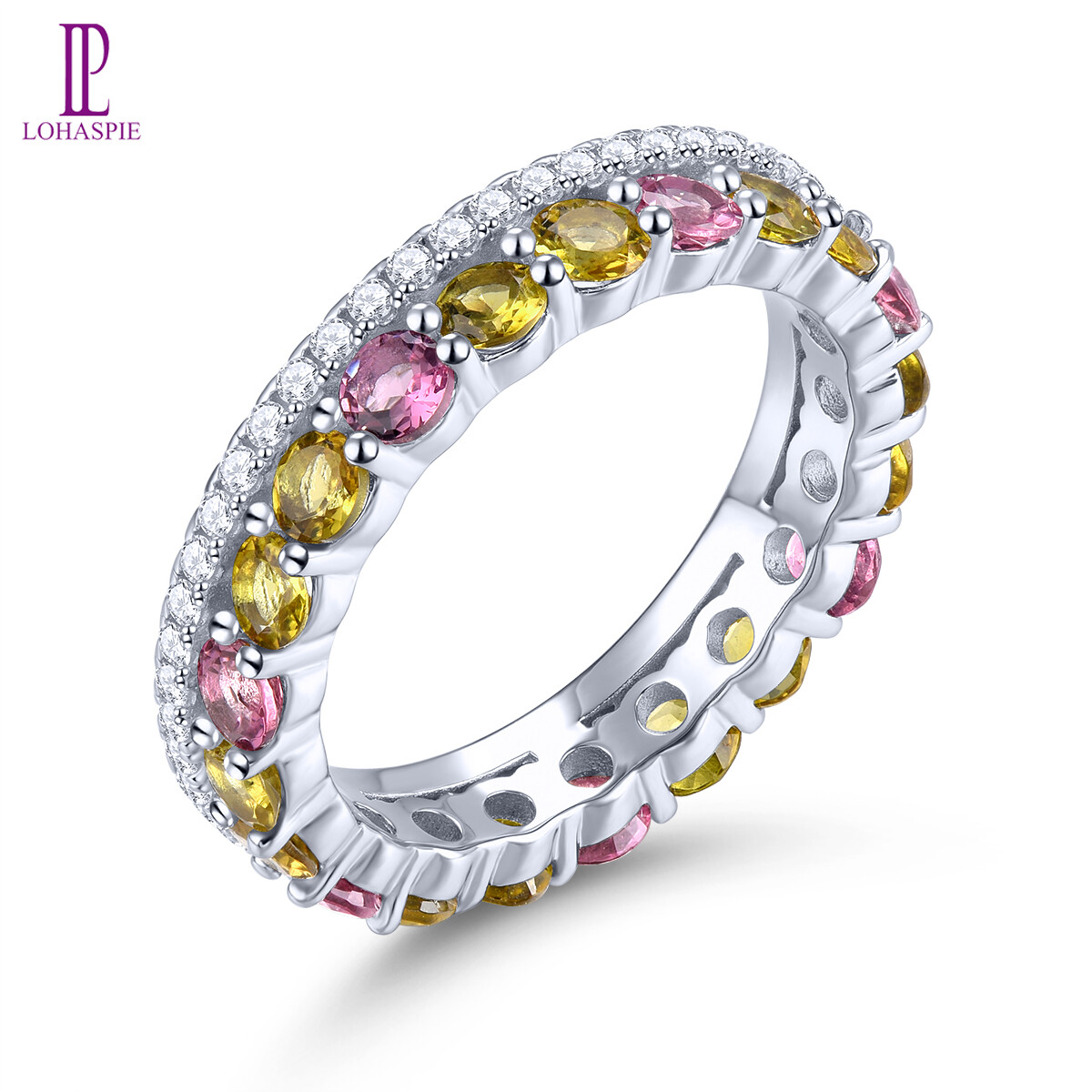 Lohaspie jewelry nhẫn 3.2 bằng bạc thật nguyên khối 925 carat nhẫn đá tourmaline nhiều màu tự nhiên nhẫn đá quý nhiều màu nhẫn đá bạc 925 cho nữ trang sức